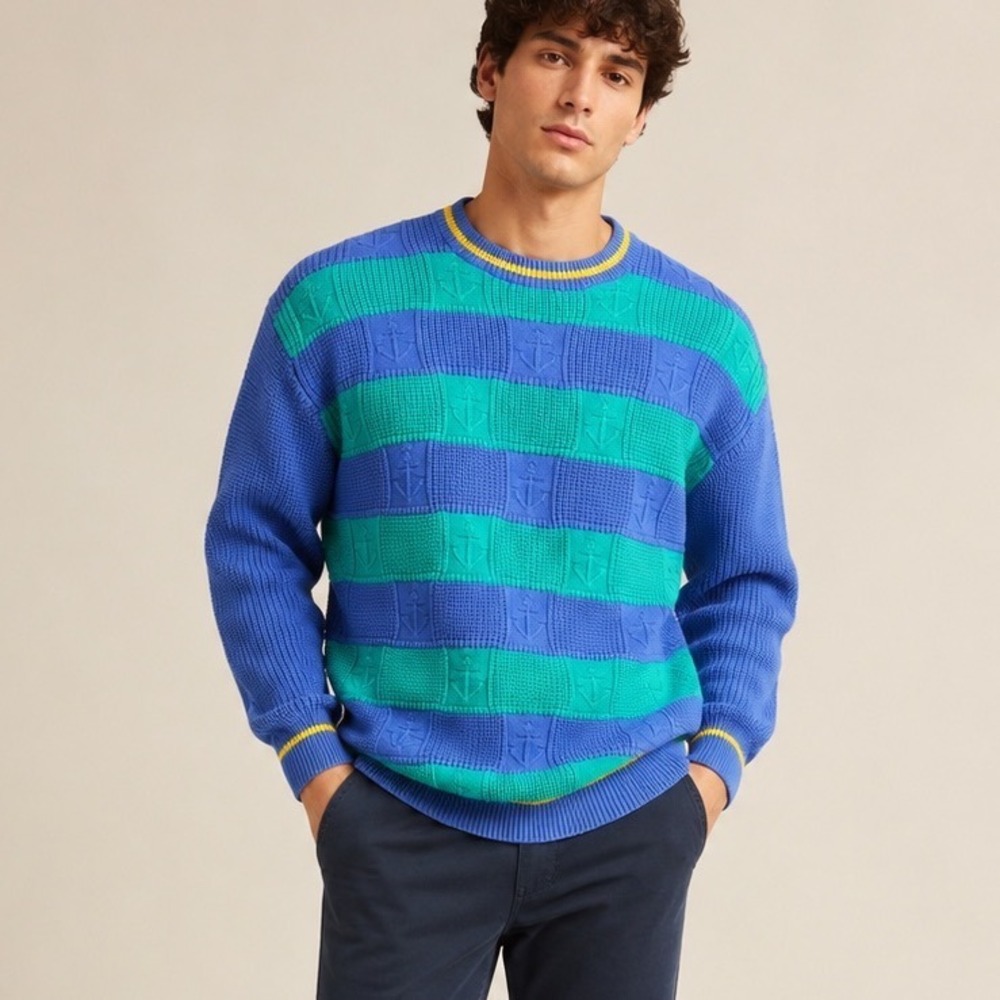 Vintage 90s Davisons & Bermuda Mens Anchor Knit Sweater XL Blue Teal Striped